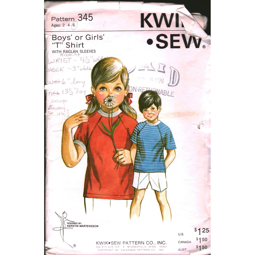 Vintage Kwik Sew 345 Boys Girls T-Shirt Sewing Pattern Raglan Sleeve 1976 Sz 2-6